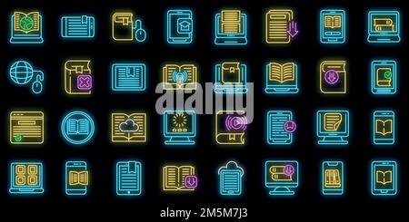 E-book application icons set. Outline set of e-book application vector icons neon color on black Stock Vector