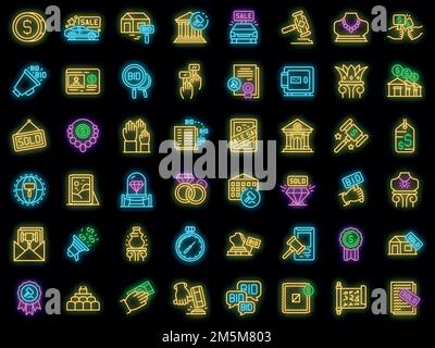 Auction icons set. Outline set of auction vector icons neon color on black Stock Vector