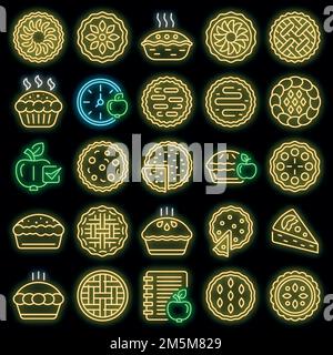 Apple pie icons set. Outline set of apple pie vector icons neon color on black Stock Vector
