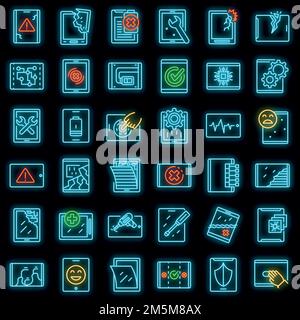 Tablet repair icons set. Outline set of tablet repair vector icons neon color on black Stock Vector