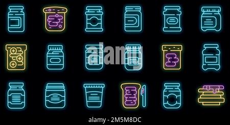 Chocolate paste icons set. Outline set of chocolate paste vector icons neon color on black Stock Vector
