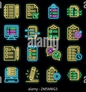 Assignment icons set. Outline set of assignment vector icons neon color on black Stock Vector