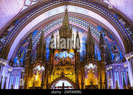 Notre-Dame Basilica of Montreal. inside the Catholic Church - ancient  decoration, Gothic style, stained glass windows, columns, altar with icons  Stock Photo - Alamy