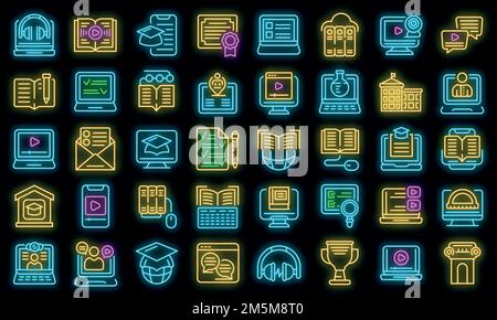 Distance education icons set. Outline set of distance education vector icons neon color on black Stock Vector