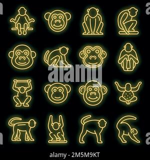 Gibbon icons set. Outline set of gibbon vector icons neon color on black Stock Vector