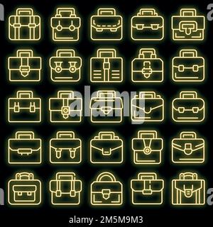 Briefcase icons set. Outline set of briefcase vector icons neon color on black Stock Vector