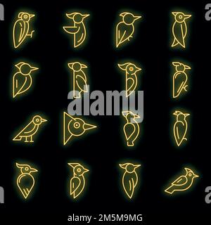 Woodpecker icons set. Outline set of woodpecker vector icons neon color on black Stock Vector