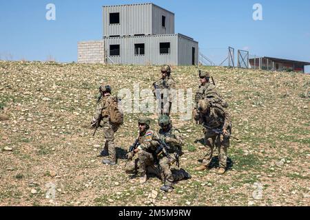 U.S. Army Soldiers assigned to Alpha Company, Task Force Manchu, 4th Battalion, 9th Infantry Regiment, 1st Stryker Brigade Combat Team, 4th Infantry Division and Royal Netherlands Army Soldiers assigned to the 11th Infantry Battalion 'Grenadiers' and Rifles Guard Regiment,' 11th Air Assault Brigade, pull security during an aerial response force exercise at Erbil Air Base, Iraq, March 24, 2022. CJTF-OIR advises, assists and enables partnered forces in designated areas of Iraq and Syria to set conditions for long-term security cooperation frameworks. Stock Photo