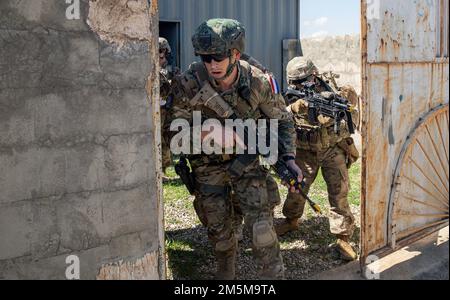 U.S. Army Soldiers assigned to Alpha Company, Task Force Manchu, 4th Battalion, 9th Infantry Regiment, 1st Stryker Brigade Combat Team, 4th Infantry Division and Royal Netherlands Army Soldiers assigned to the 11th Infantry Battalion 'Grenadiers' and Rifles Guard Regiment,' 11th Air Assault Brigade, advance toward an objective during a combined aerial response force exercise at Erbil Air Base, Iraq, March 24, 2022. Combined Joint Task Force - Operation Inherent Resolve (CJTF-OIR) advises, assists and enables partnered forces in designated areas of Iraq and Syria to set conditions for long-term Stock Photo