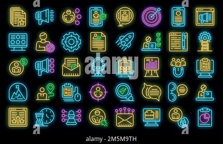 Online recruitment icons set. Outline set of online recruitment vector icons neon color on black Stock Vector