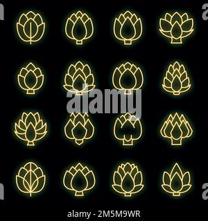 Artichoke icons set. Outline set of artichoke vector icons neon color on black Stock Vector