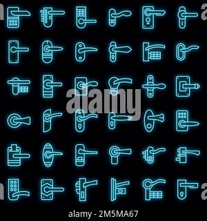 Door handles icons set. Outline set of door handles vector icons neon color on black Stock Vector