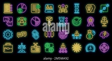 Business collaboration icons set. Outline set of business collaboration vector icons neon color on black Stock Vector