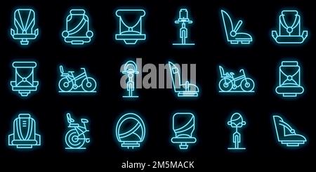 Child seat bike icons set. Outline set of child seat bike vector icons neon color on black Stock Vector
