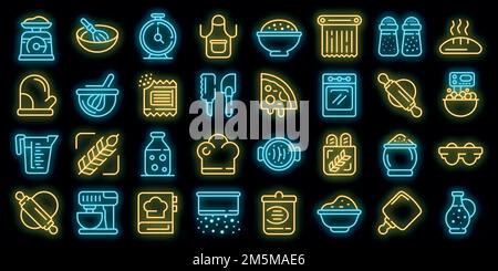 Dough icons set. Outline set of dough vector icons neon color on black Stock Vector