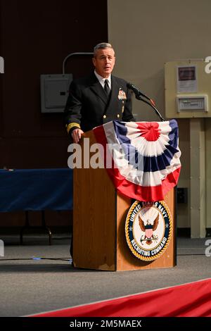 MILLINGTON, Tenn. (March 25, 2022) Rear Adm. Pete Garvin, commander, Naval Education and Training Command, gives a speech during the 2022 Navy Recruiting Command (NRC) Change of Command ceremony in Millington, March 25. The goal of NRC is to attract the highest quality candidates to assure the ongoing success of America’s Navy. Stock Photo