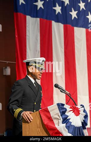 MILLINGTON, Tenn. (March 25, 2022) Cmdr. Robert Peters sings the national anthem at the 2022 Navy Recruiting Command (NRC) Change of Command ceremony in Millington, March 25. The goal of NRC is to attract the highest quality candidates to assure the ongoing success of America’s Navy. Stock Photo