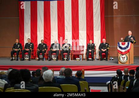 MILLINGTON, Tenn. (March 25, 2022) Vice Adm. John B. Nowell Jr., Chief of Naval Personnel,  gives a speech during the 2022 Navy Recruiting Command (NRC) Change of Command ceremony in Millington, Tenn., March 25, 2022. The goal of NRC is to attract the highest quality candidates to assure the ongoing success of America’s Navy. Stock Photo