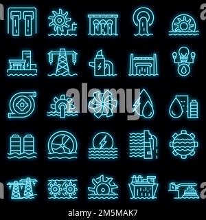 Hydro power icons set. Outline set of hydro power vector icons neon color on black Stock Vector