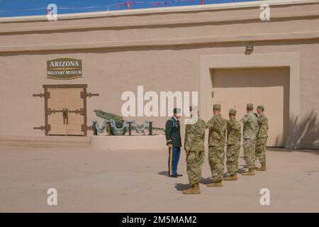 U.S. Army 2nd Lt. Jackson Garber with A Company, 1-158th Infantry Battalion prepares to march a group of soldiers during the drill and ceremony event at Papago Park Military Reservation, in Phoenix, March 25, 2022. AZNG Best Warrior Competition is a specialized event focused on providing a series of Soldier skills evaluations that test and train the Citizen-Soldiers who hail from within our diverse communities Stock Photo