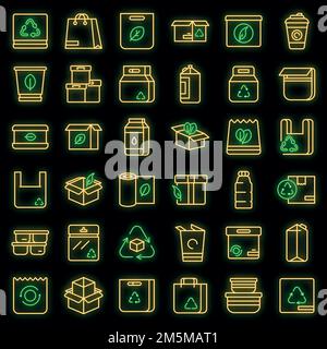 Eco packaging icons set. Outline set of eco packaging vector icons neon color on black Stock Vector