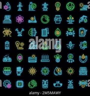 Eco innovation icons set. Outline set of eco innovation vector icons neon color on black Stock Vector