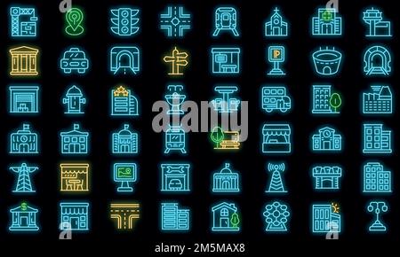 City infrastructure icons set. Outline set of city infrastructure vector icons neon color on black Stock Vector