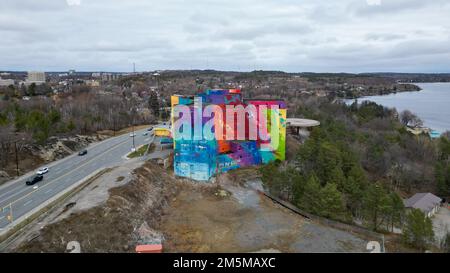 Nov 12 2022, Sudbury Ontario Canada.  The Old St Joseph's hospital on Paris St in Sudbury is Canada's largest mural as it was painted in 2019. Luke Du Stock Photo