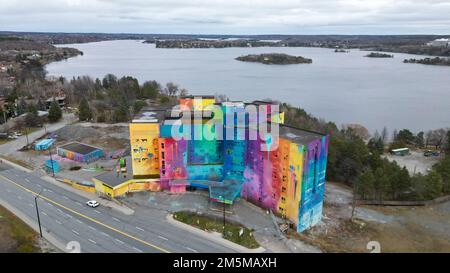 Nov 12 2022, Sudbury Ontario Canada.  The Old St Joseph's hospital on Paris St in Sudbury is Canada's largest mural as it was painted in 2019. Luke Du Stock Photo