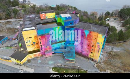 Nov 12 2022, Sudbury Ontario Canada.  The Old St Joseph's hospital on Paris St in Sudbury is Canada's largest mural as it was painted in 2019. Luke Du Stock Photo