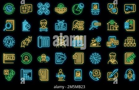 Agent icons set. Outline set of agent vector icons neon color on black Stock Vector