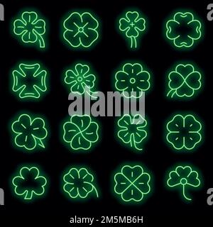 Clover icons set. Outline set of clover vector icons neon color on black Stock Vector