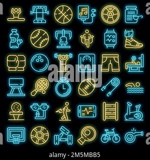 Physical activity icons set. Outline set of physical activity vector icons neon color on black Stock Vector