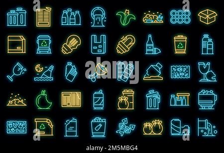 Waste icons set. Outline set of waste vector icons neon color on black Stock Vector