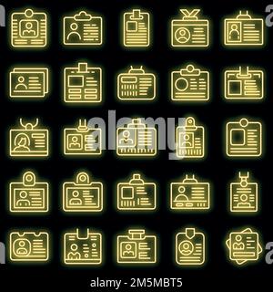 Id card icons set. Outline set of id card vector icons neon color on black Stock Vector