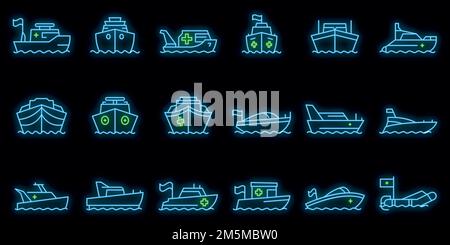 Rescue boat icons set. Outline set of rescue boat vector icons neon color on black Stock Vector