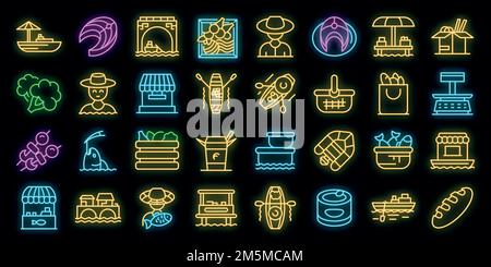 Floating market icons set. Outline set of floating market vector icons neon color on black Stock Vector