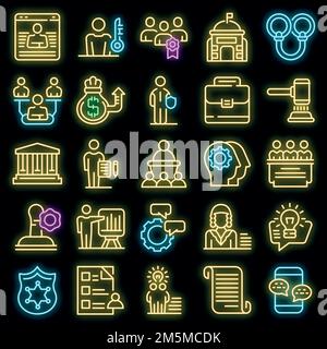 Authority icons set. Outline set of authority vector icons neon color on black Stock Vector