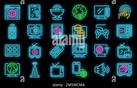 Interactive tv icons set. Outline set of interactive tv vector icons neon color on black Stock Vector