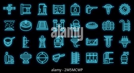 Equipment for pool icons set. Outline set of equipment for pool vector icons neon color on black Stock Vector