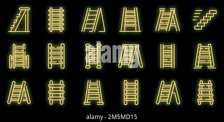 Step ladder icons set. Outline set of step ladder vector icons neon color on black Stock Vector