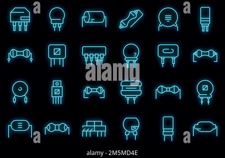 Resistor icons set. Outline set of resistor vector icons neon color on black Stock Vector