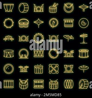 Drum icons set. Outline set of drum vector icons neon color on black Stock Vector