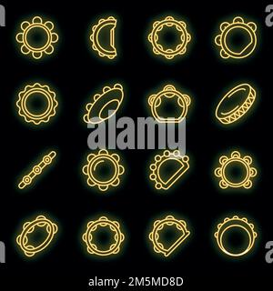 Tambourine icons set. Outline set of tambourine vector icons neon color on black Stock Vector