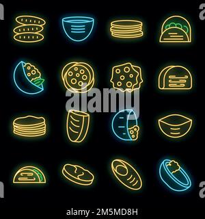 Pita bread icons set. Outline set of pita bread vector icons neon color on black Stock Vector