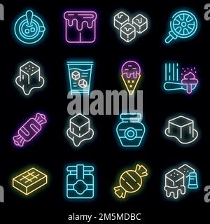 Salted caramel icons set. Outline set of salted caramel vector icons neon color on black Stock Vector