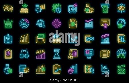 Market forecast icons set. Outline set of market forecast vector icons neon color on black Stock Vector