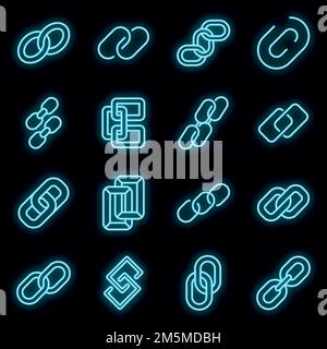 Chain link icons set. Outline set of chain link vector icons neon color on black Stock Vector