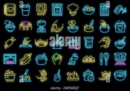 Hands preparing foods icons set. Outline set of hands preparing foods vector icons neon color on black Stock Vector