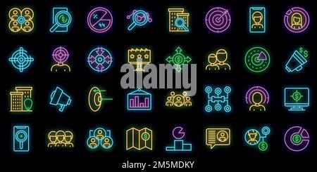 Target audience icons set. Outline set of target audience vector icons neon color on black Stock Vector